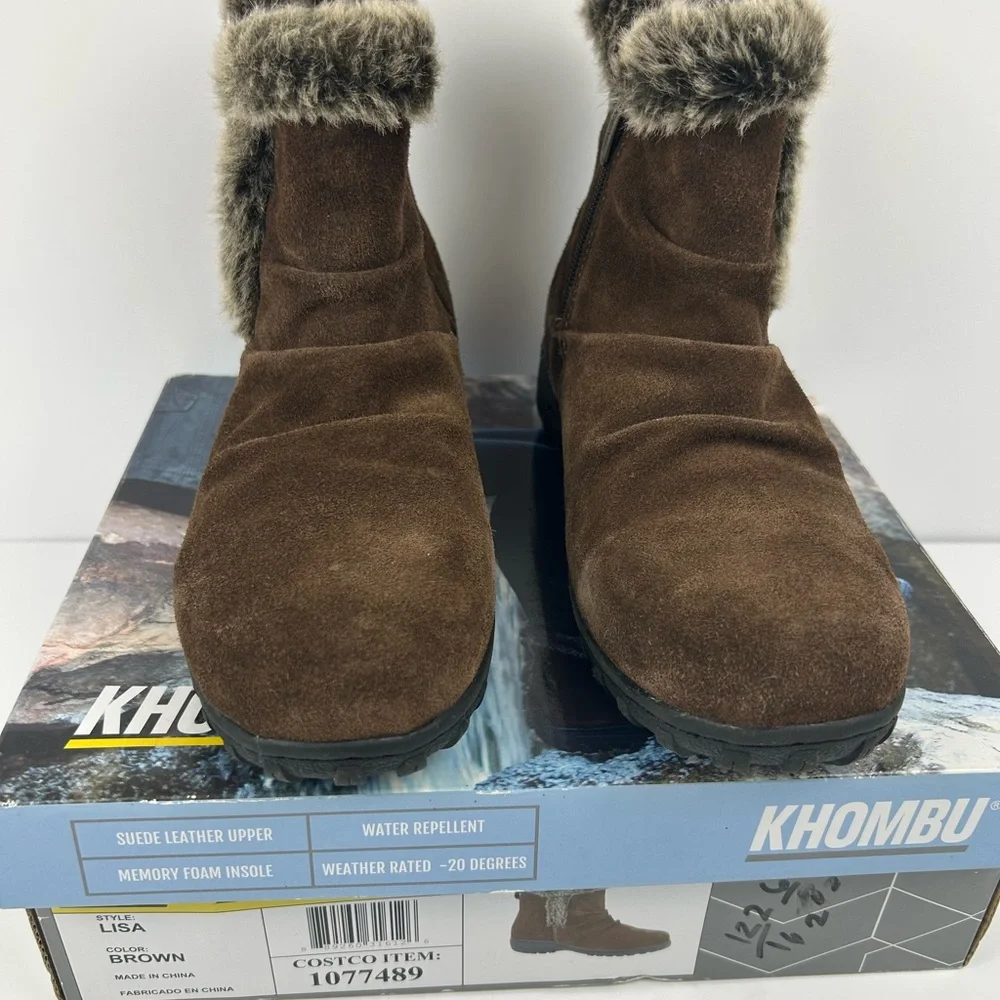 Khombu Lisa Brown Leather Faux Fur Ankle Snow Boots Water Repellent Women's 9